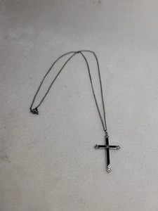 Vintage Gothic Sterling Silber 925 Kreuz Anhänger schwarzer Stein an Silber 16" Kette - Bild 1 von 5