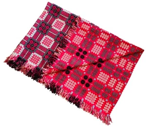 Vintage Welsh Tapestry Blanket Pink Black Geometric Wool Pattern - Picture 1 of 9