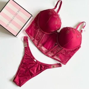 38D XL Victoria’s Secret ruby red corset pushup bra set bling brazilian panties - Picture 1 of 8