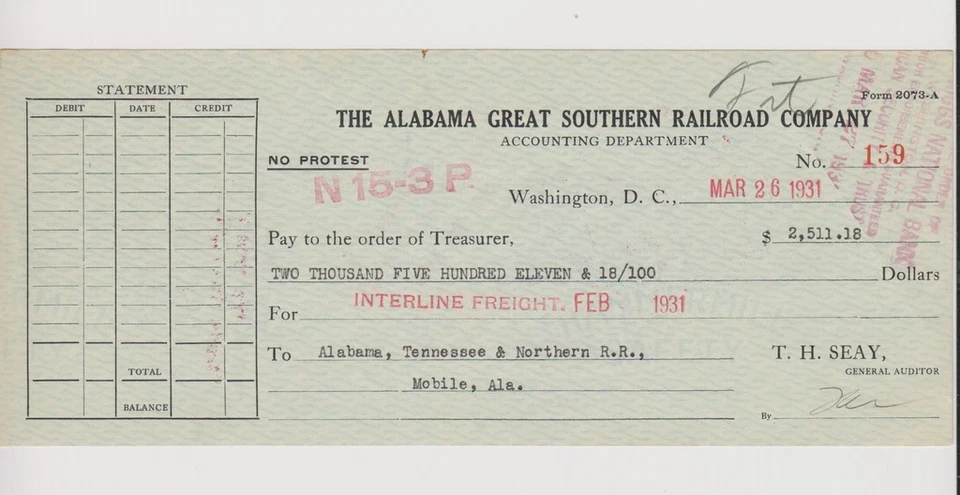 ALABAMA  GREAT  SOUTHERN          1931        Draft / Check - Image 1 of 1