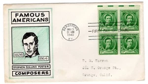 #879 Stephen Collins Foster FDC 1940 Famous American Composer Warren Hand-drawn - Picture 1 of 2