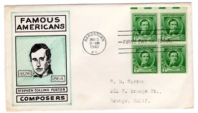 #879 Stephen Collins Foster FDC 1940 Famous American Composer  Warren Hand-drawn - Image 1 of 2