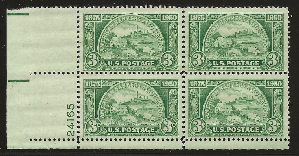 US Scott #987, Plate Block #24165 1950 American Bankers 3c FVF MNH Lower Left - Image 1 of 1