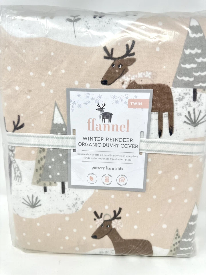 New~Pottery Barn Kids Winter Reindeer Flannel Duvet Cover~Twin~Blush - Image 1 of 1