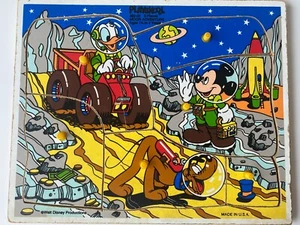 Vintage Playskool Wood Puzzle DISNEY MOON ADVENTURE Mickey Donald Goofy - Picture 1 of 2