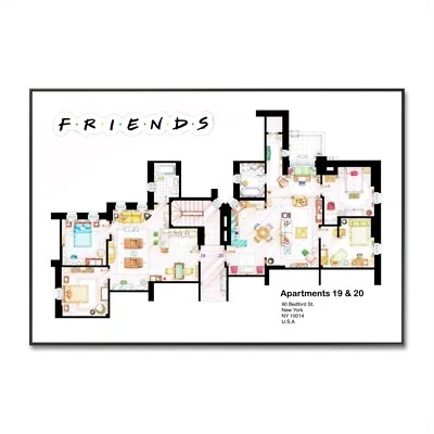 Friends floor Plan, Friends Poster, Apartment 19 and 20 in colour, A4 Gift - Image 1 of 4