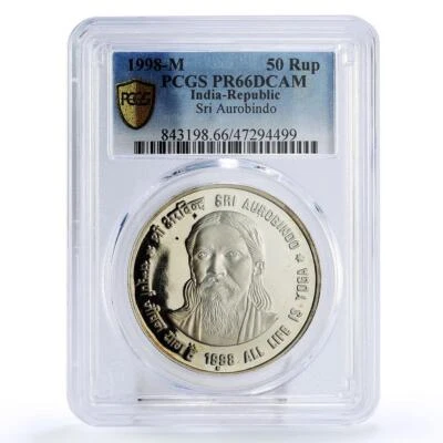 India 50 rupees Philosopher Poet Sri Aurobindo Literature PR66 PCGS Ni coin 1998 - Image 1 of 2