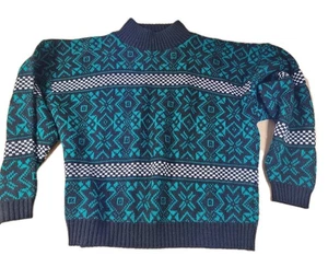 Vintage 80er Pullover GFC limitiert mittel geometrisches Muster USA Damen schwarz grün cropped  - Bild 1 von 11