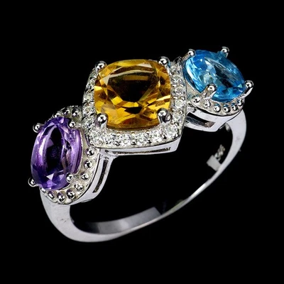 925纯银戒指靠垫黄水晶7毫米紫水晶宝石珠宝首饰尺寸8 — 第 1/4 张图片