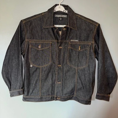 Brooklyn Express Jean Jacket Mens XL Distressed Black Faded Raw Denim Y2K HipHop - Image 1 of 4
