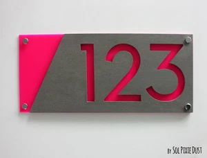 Modern House Numbers, Concrete & Pink Acrylic - Sign Plaque - Home Address - Picture 1 of 8