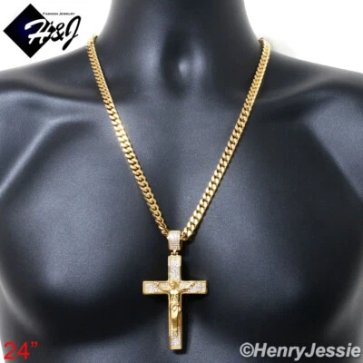 Colgante Cruz Circonita cúbica cadena Miami chapado en oro de 7 mm de acero inoxidable HOMBRE 18-40"*142 Foto 1 de 4