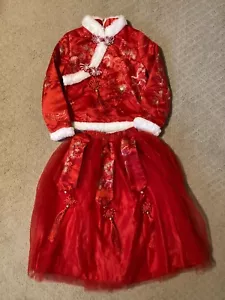 Chinese New Year Top Skirt Dress Girls 120 Red Long Sleeve FurEmbroidered New - Picture 1 of 11