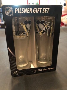 2014 Pittsburgh Penguins Logo Beer Pint 16 oz Pilsner Glass GIFT SET of 2 NHL - Picture 1 of 4