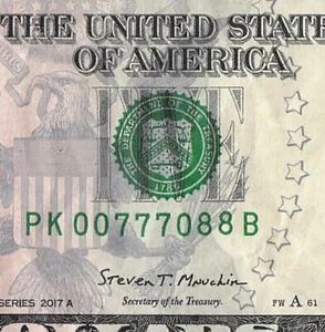 Trinary 0s 7s 8s Fancy Serial Number Five Dollar Bill PK00777088B Full House - Picture 1 of 11