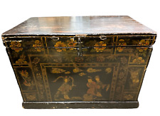 Antique Hand Painted Asian Oriental Wood Trunk Chest w/Customs Wax Seal