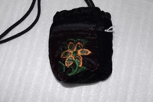 Small black velvet purse made in Guatemala drawstring closure embroidered flower - Picture 1 of 5