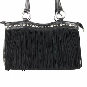Innue Black Suede Hobo Shoulder Bag Italian Leather Fringe Studded Boho Zipper - Picture 1 of 15
