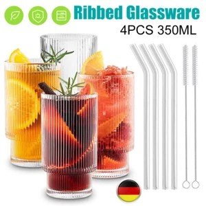 4*Geriffelte Gläser Glasbecher Trinkgläser Longdrinkgläser Cocktail Gläser 350ml - Bild 1 von 13