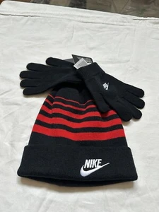 NIKE YOUTH BOY'S FUTURA FOLDOVER BLACK & RED BEANIE & GLOVES 2 PC WINTER SET - Picture 1 of 5