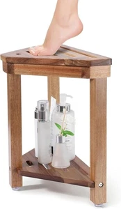 Shower Foot Rest Shower Stool Acacia Wood Corner Bath Seat for Shaving - Picture 1 of 9
