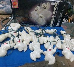 Vtg Halloween String of GHOST/SKELETON Blow Mold 20 Light Set Double Sided 2 SET - Picture 1 of 8