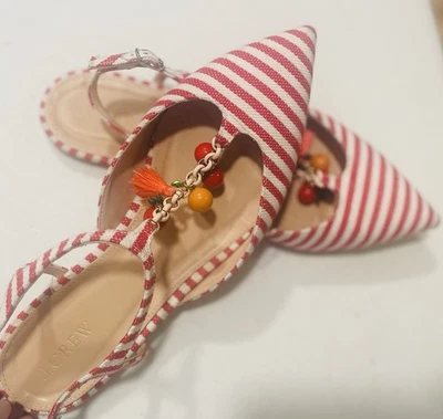 J Crew Pointed Toe Red White Stripe Flats Sz 10M T Strap Chain Fruit Charms - Image 1 of 4