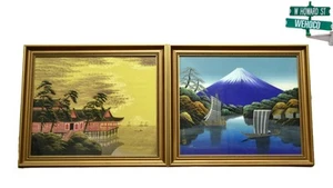 Vintage Japanese Silk Screen Prints w Matching Frames Mt. Fuji Landscape & Sea - Picture 1 of 8