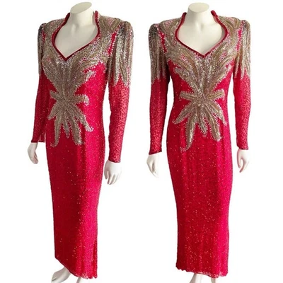 Oleg Cassini Vintage 1980s Red Gold Silver Silk Sequin Beaded Gown Sz 10 - Image 1 of 4