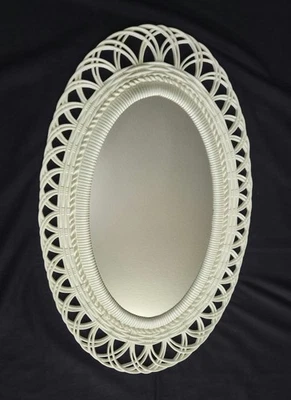 70s Vintage Burwood Faux Ratan Wall Mirror White Resin Plastic 30"x19" - Image 1 of 4