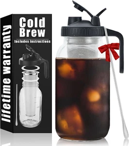 Jar Pour Spout Lid 64Oz Airtight Glass Pitcher 2 Quart Wide Mouth for Tea - Picture 1 of 12