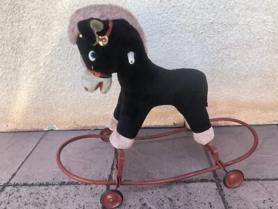 Cheval à bascule peluche vintage - Ane à roulettes ancien - Photo 1/4
