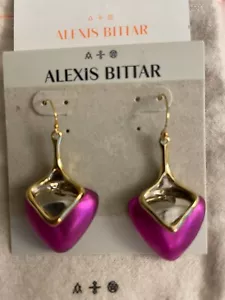 Alexis Bittar Gold Tone Sculptural Drop Earrings Fuschia Lucite French Wire EUC - Picture 1 of 5