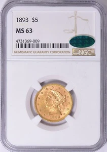 1893 LIBERTY HEAD HALF EAGLE $5 GOLD NGC MS63 CAC - Picture 1 of 3