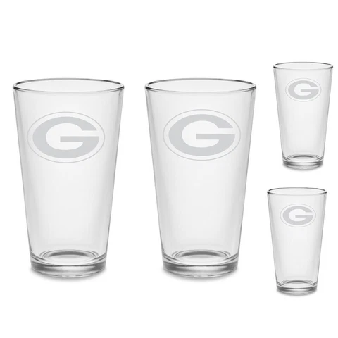 SET - Green Bay Packers Pint Beer Glasses Etched Tumblers Drinkware 16 oz Cover