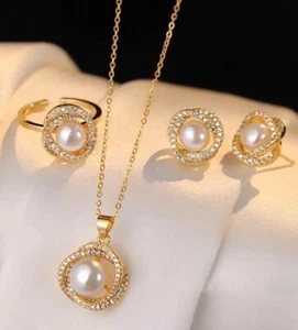 3 PC Classic Simulated Pearl Necklace, Adjustable Ring, Earring Set Women’s 🔥 - Picture 1 of 5