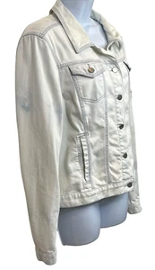 Ann Taylor Loft White Blue Denim Jacket Blazer Cropped Acid Wash Button Large L - Picture 1 of 9