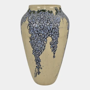 Freiwald Studio Art Pottery Hand Made Blue Wisteria Ceramic White Vase - Picture 1 of 6