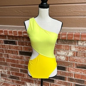 One Shoulder Yellow Colorblock Women's Small Cutout Monokini One Piece Swimsuit - Picture 1 of 5