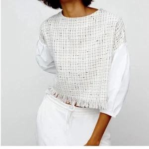 ZARA WOMAN Contrast Tweed Blouse 3/4 SLEEVE  Size Large - Picture 1 of 19