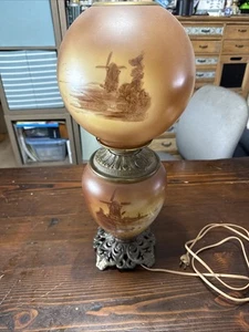 Beautiful Windmill Art Glass Ball Oil Lamp 24” Tall Converted - Picture 1 of 7