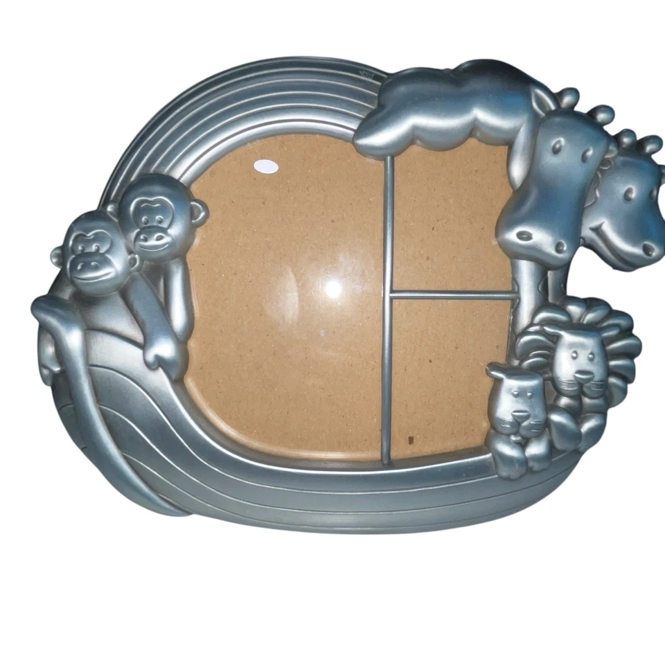 FETCO Noah's Ark Child Photo Frame Pewter Finish Baby Nursery 3 Pic Animals - Image 1 of 4