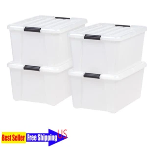 45 Qt Latch Box Stackable Plastic Storage Bin W/ Lid Garage Basement 4 Pcs Clear - Picture 1 of 8