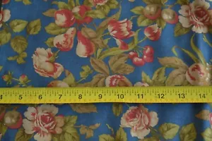 15" Long, Tan Red & Green Floral on Blue Cotton, Moda/Brannock & Patek, P6583 - Picture 1 of 5
