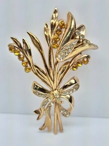 VINTAGE SCHWERE GOLDPLATTE BLÜHENDE BLUMEN MIT SCHLEIFE BROSCHE ANSTECKNADEL KRISTALL GROSS 4" - Bild 1 von 8