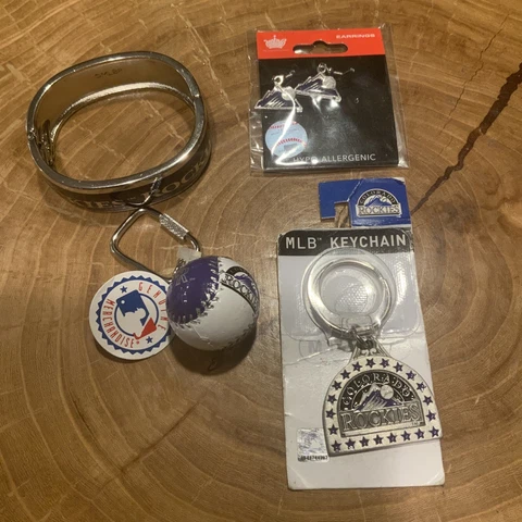 Lot of 4 Colorado Rockies Accessories Snap Bracelet Key Chains Earnings MLB Cover