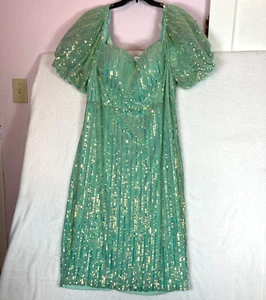 Faeriesty Off The Shoulder Sequins Green Cocktail Dress Size 5XL Puff Sleeve - Picture 1 of 17