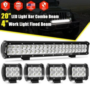 20" INCH LED Light Bar Combo Kit + 4pcs 4" Flood Work Lamp Offroad Truck ATV SUV - Picture 1 of 12