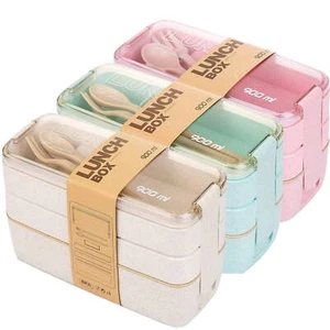 Triple Layered Bento Style Box Eco-Friendly Lunch Set With Cutlery 3 Colours - Picture 1 of 27