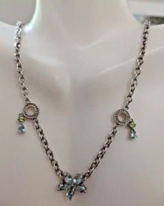 Sterling Silver Blue Topaz Peridot Flower Chain Necklace 20" - Picture 1 of 10